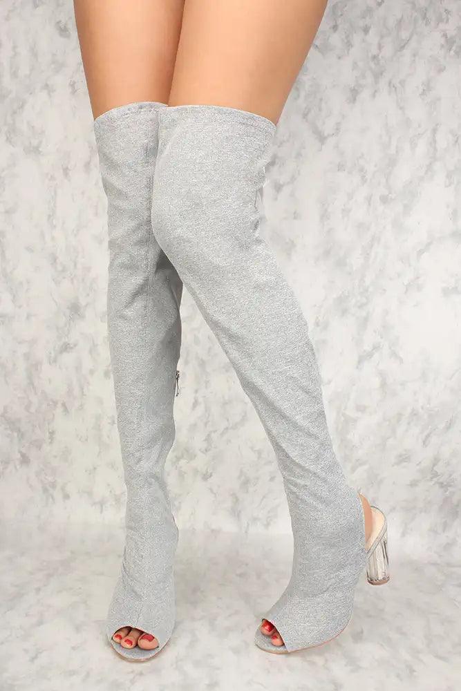Sexy Grey Open Toe Cutout Heel Thigh High Boots - AMIClubwear
