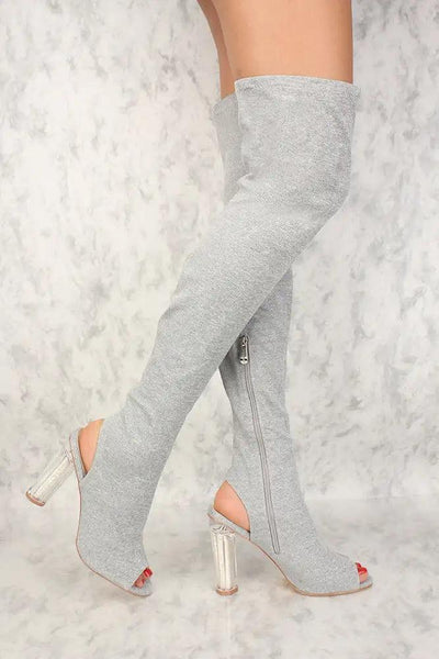 Sexy Grey Open Toe Cutout Heel Thigh High Boots - AMIClubwear