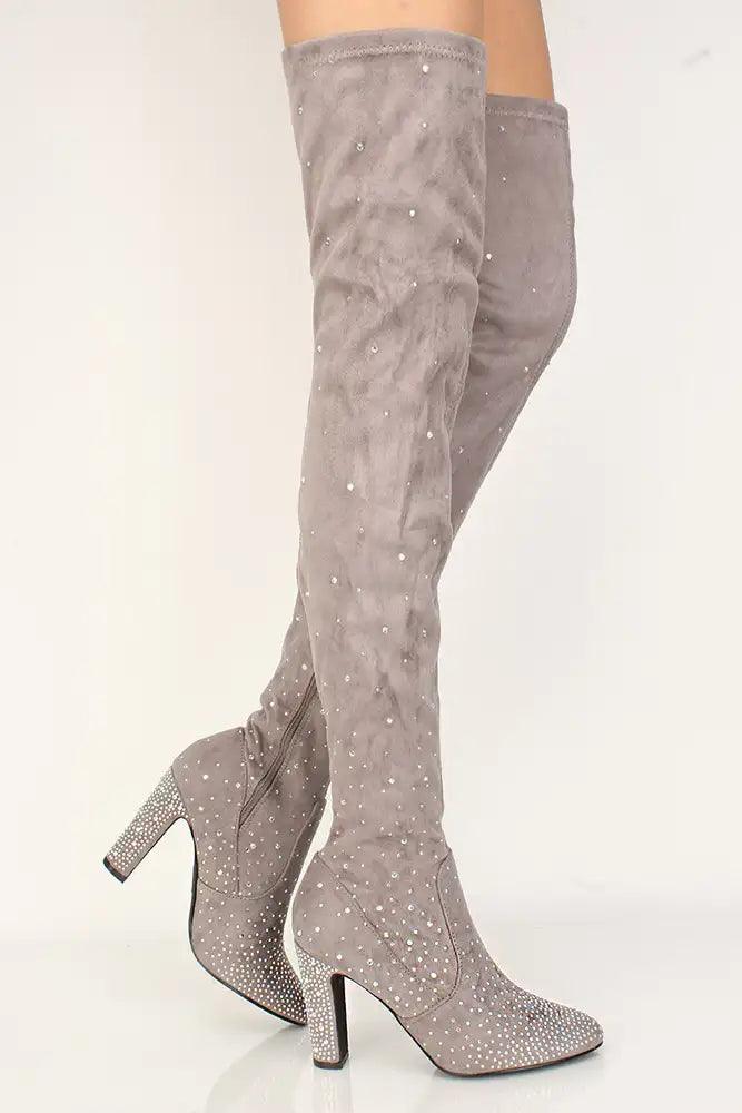 Sexy Grey Rhinestone Thigh High Chunky Heels Boots Faux Suede - AMIClubwear