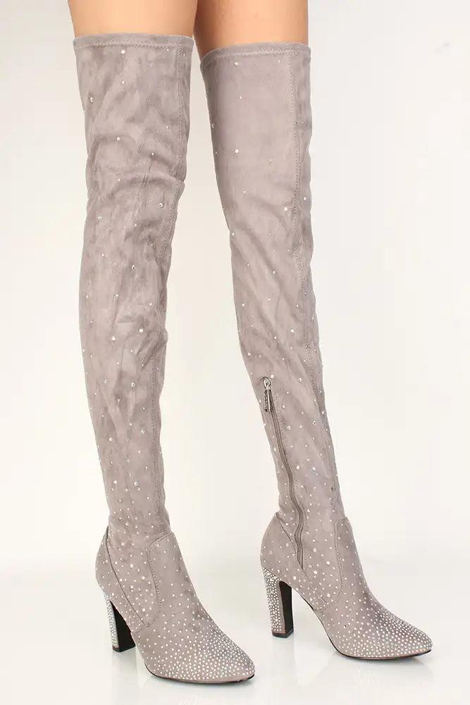 Sexy Grey Rhinestone Thigh High Chunky Heels Boots Faux Suede - AMIClubwear