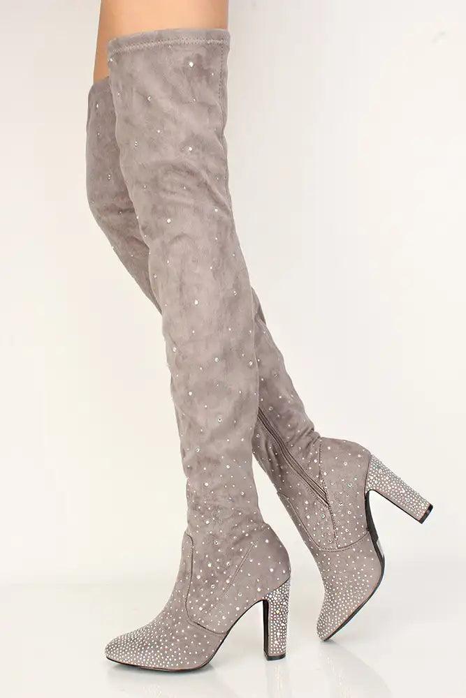 Sexy Grey Rhinestone Thigh High Chunky Heels Boots Faux Suede - AMIClubwear