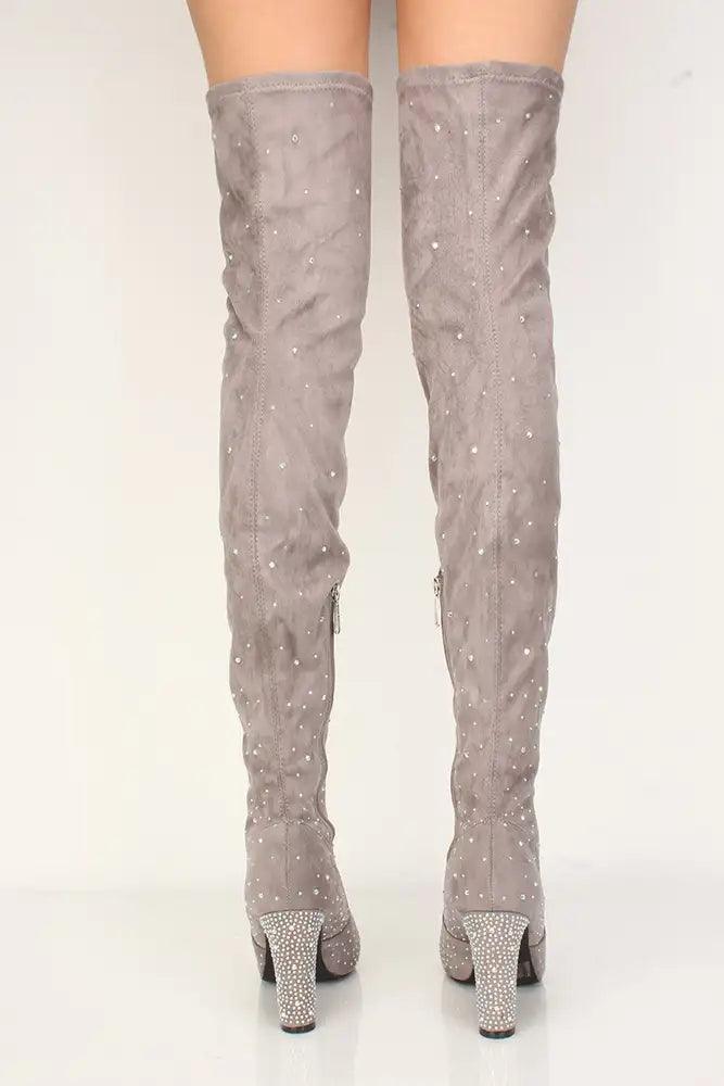 Sexy Grey Rhinestone Thigh High Chunky Heels Boots Faux Suede - AMIClubwear