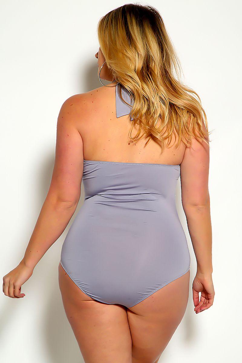 Sexy Grey Ruched Halter Plus Size One Piece Swimsuit - AMIClubwear