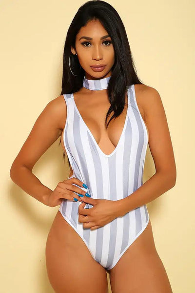 Sexy Grey White Stripe Print One Piece Swimsuit - AMIClubwear