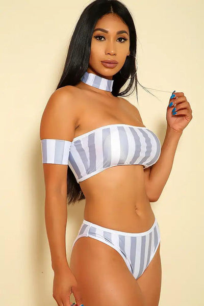 Sexy Grey White Vertical Stripe Print Padded Swimsuit Set - AMIClubwear