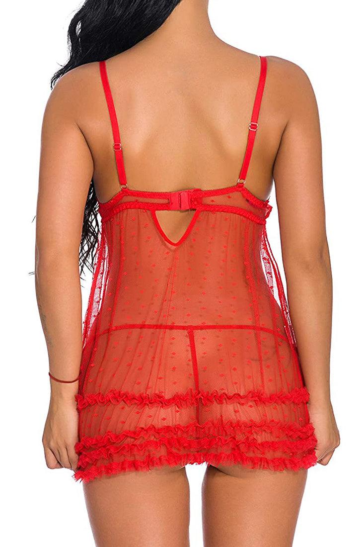 Sexy Holiday Red Fuzzy Trim Mesh Open Front Nightdress Set With Thong - AMIClubwear