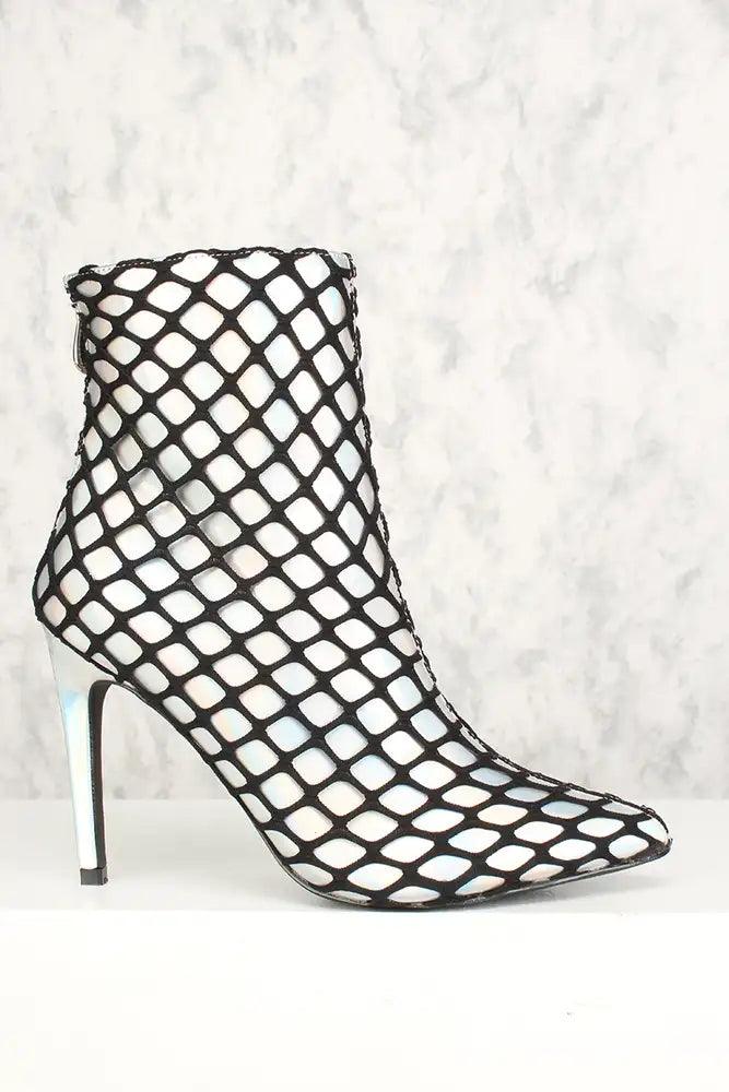 Sexy Hologram Netted Pointy Toe Mid Calf High Heels Booties - AMIClubwear