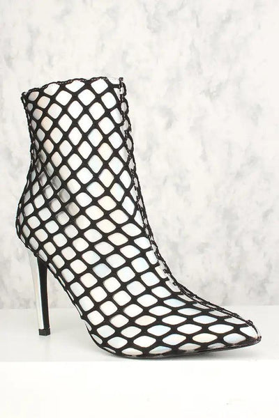 Sexy Hologram Netted Pointy Toe Mid Calf High Heels Booties - AMIClubwear