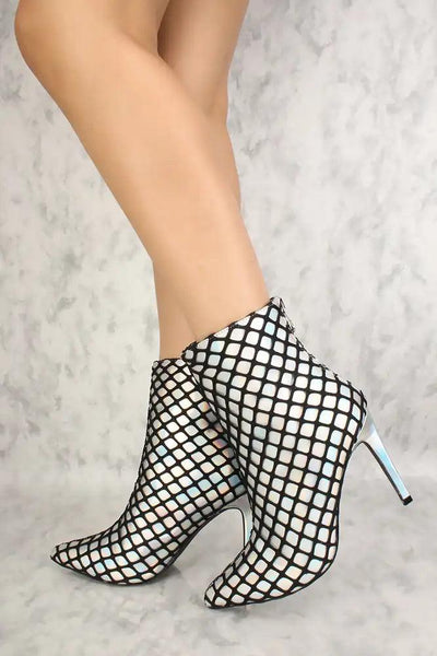 Sexy Hologram Netted Pointy Toe Mid Calf High Heels Booties - AMIClubwear