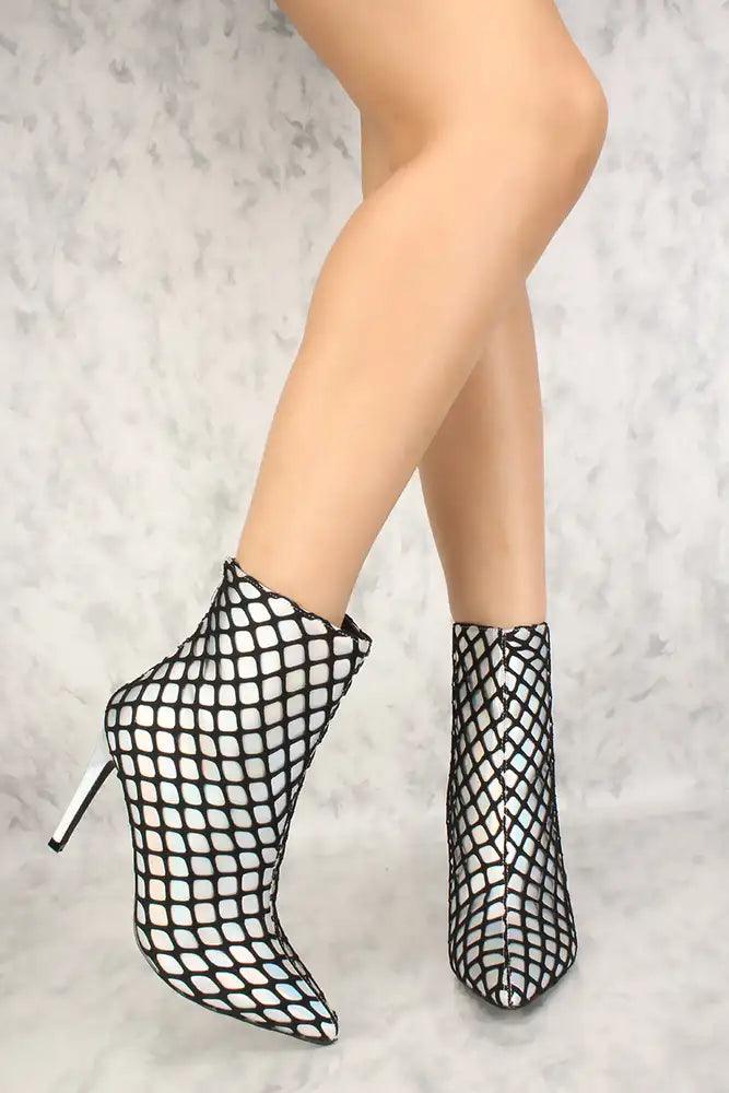 Sexy Hologram Netted Pointy Toe Mid Calf High Heels Booties - AMIClubwear