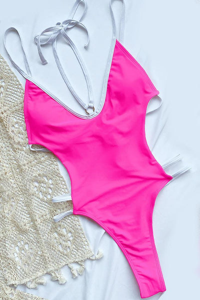 Sexy Hot Pink Strappy Monokini With With Trim - AMIClubwear