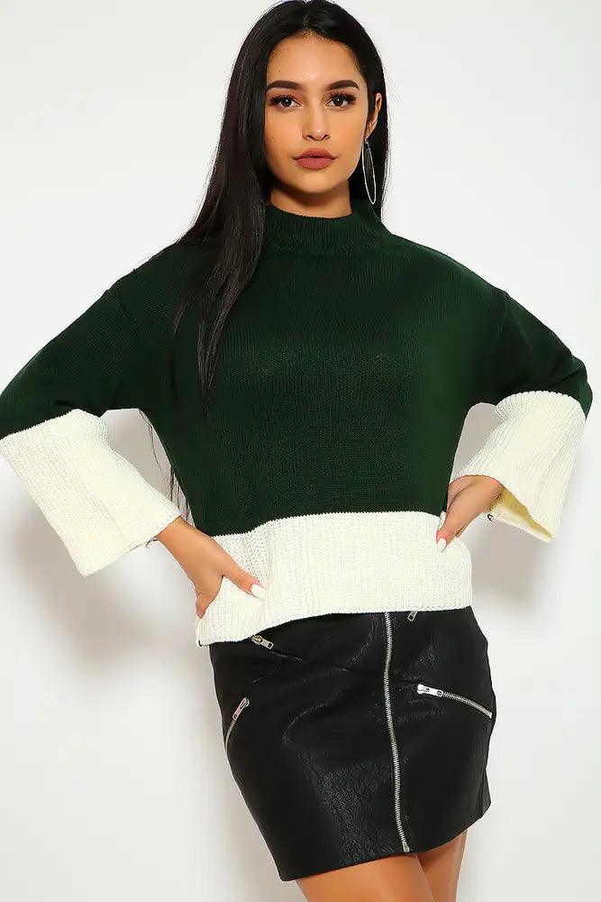 Sexy Hunter Green White Knit Mock Neck Casual Sweater Top - AMIClubwear