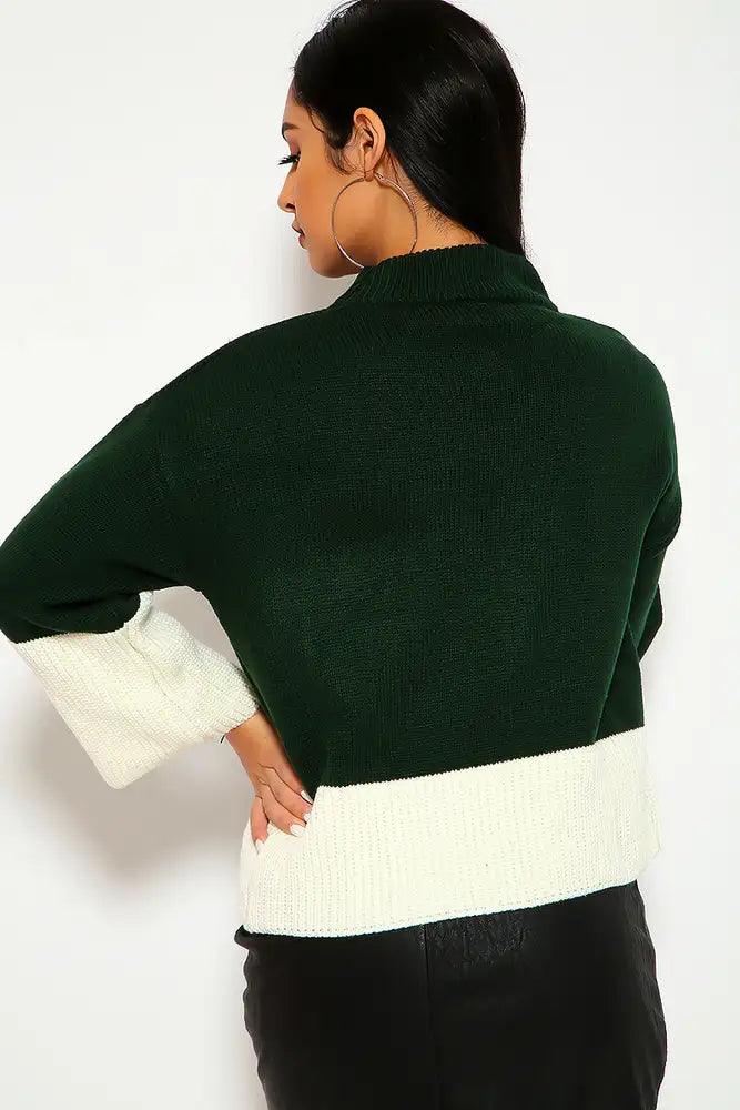 Sexy Hunter Green White Knit Mock Neck Casual Sweater Top - AMIClubwear