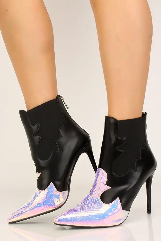 Sexy Iridescent Multi Reptile Pointy Toe Booties - AMIClubwear