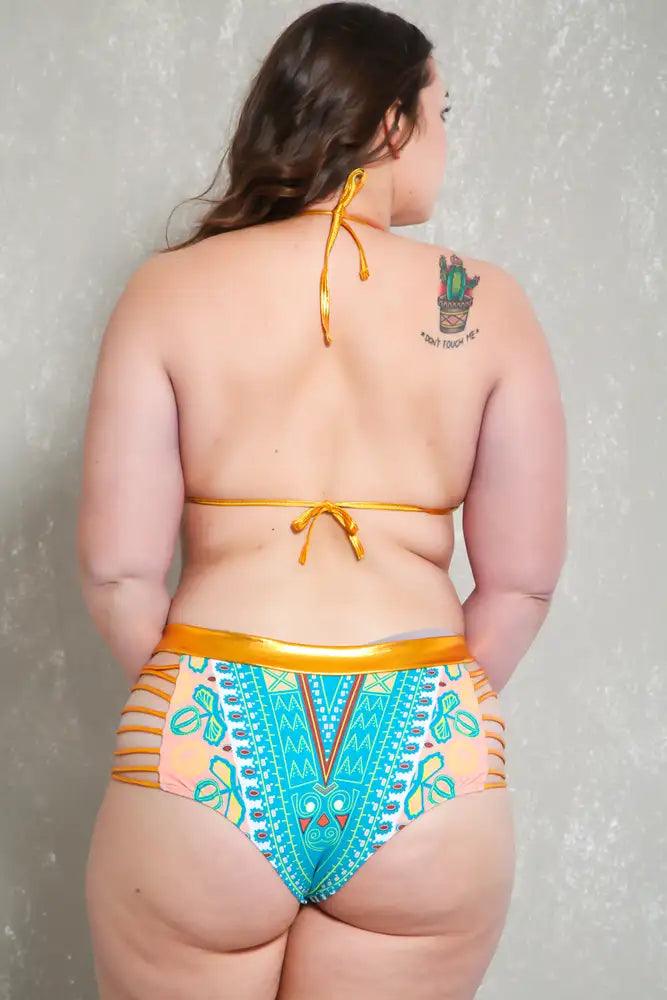 Sexy Jade Gold Tribal Print Strappy Plus Size Two Piece Swimsuit - AMIClubwear