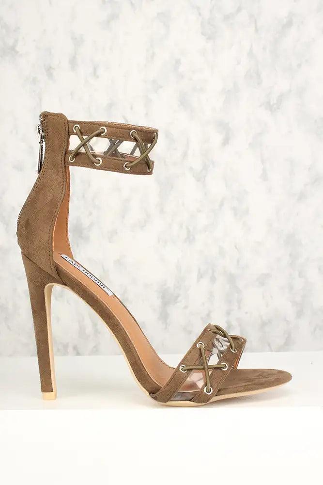 Sexy Khaki Caged Open Toe Single Sole High Heels Faux Suede - AMIClubwear