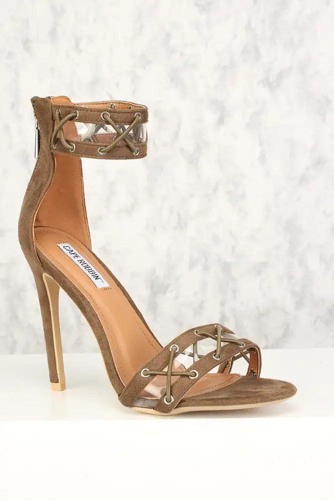 Sexy Khaki Caged Open Toe Single Sole High Heels Faux Suede - AMIClubwear