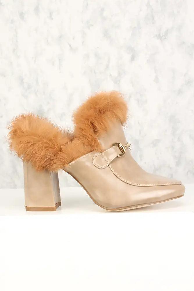 Sexy Khaki Faux Fur Slip On Chunky High Heels Faux Leather - AMIClubwear