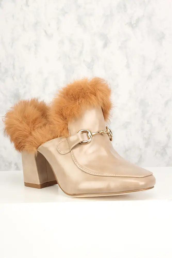 Sexy Khaki Faux Fur Slip On Chunky High Heels Faux Leather - AMIClubwear