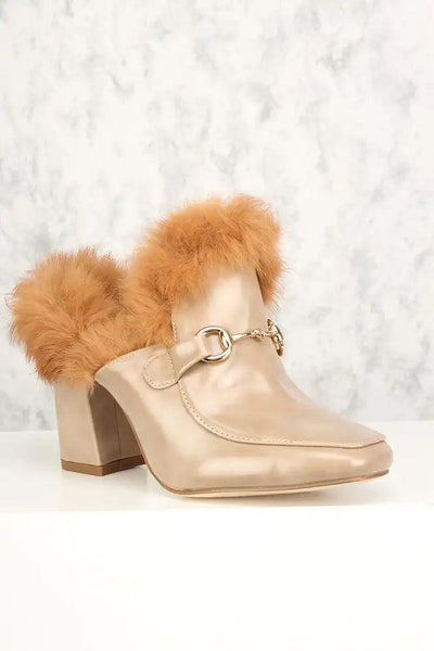 Sexy Khaki Faux Fur Slip On Chunky High Heels Faux Leather - AMIClubwear