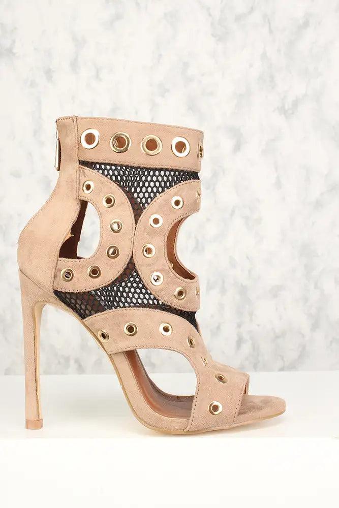 Sexy Khaki Netted Cut Out Open Toe High Heels Faux Suede - AMIClubwear