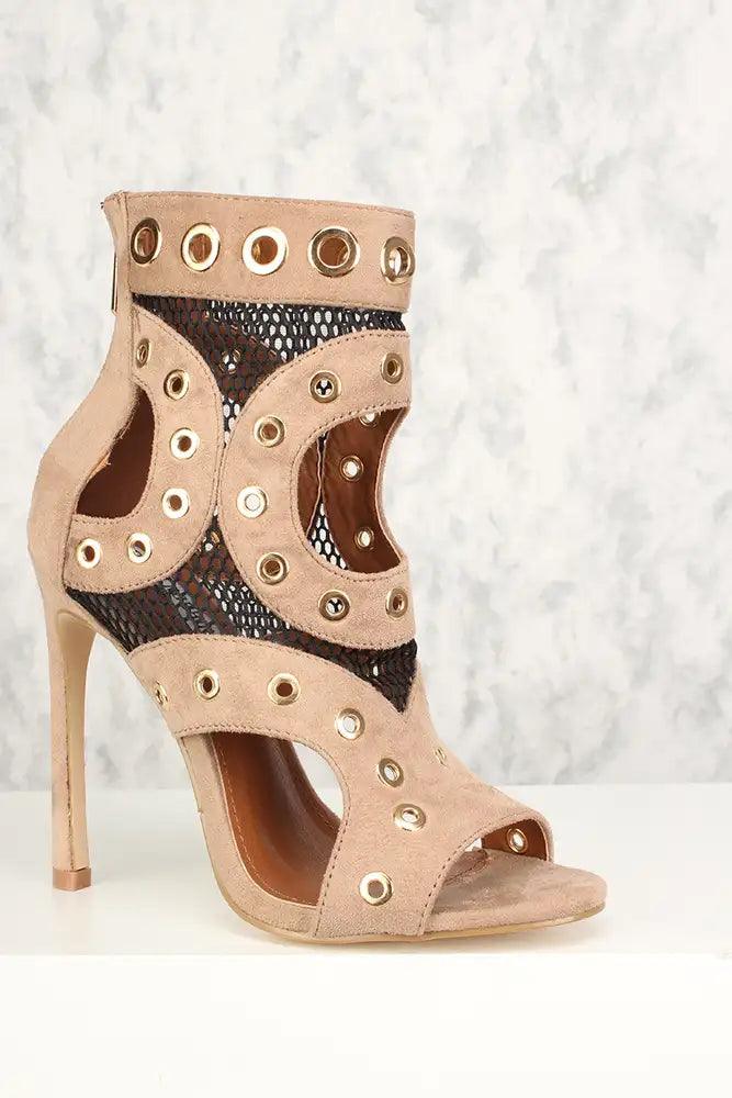 Sexy Khaki Netted Cut Out Open Toe High Heels Faux Suede - AMIClubwear