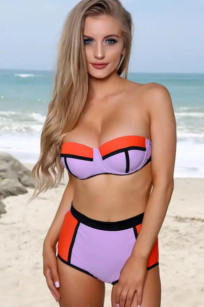 Sexy Lavender Black Two Piece Push Up High Waist Swimsuit - AMIClubwear