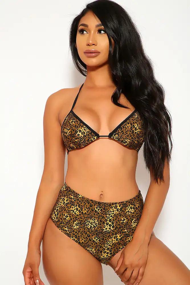 Sexy Leopard Black Triangle High Waisted Two Piece Swimsuit - AMIClubwear
