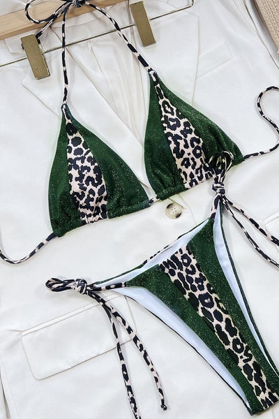 Sexy Leopard Cheeky Bikini With Dark Green Lace - AMIClubwear