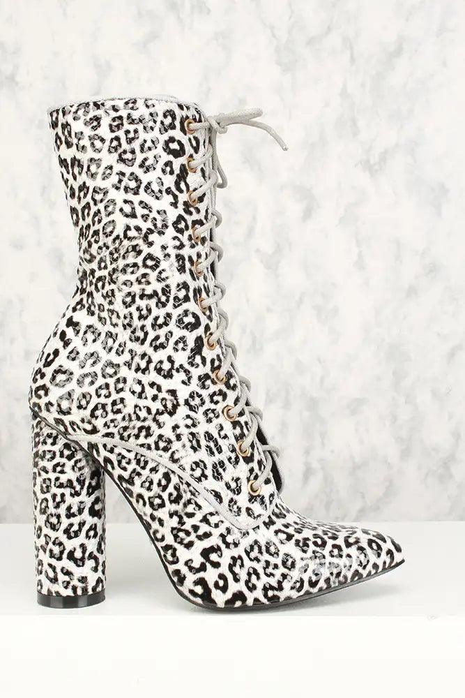 Sexy Leopard Lace Up Pointy Toe Chunky Heel Booties - AMIClubwear