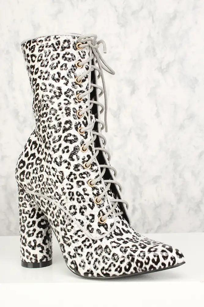 Sexy Leopard Lace Up Pointy Toe Chunky Heel Booties - AMIClubwear