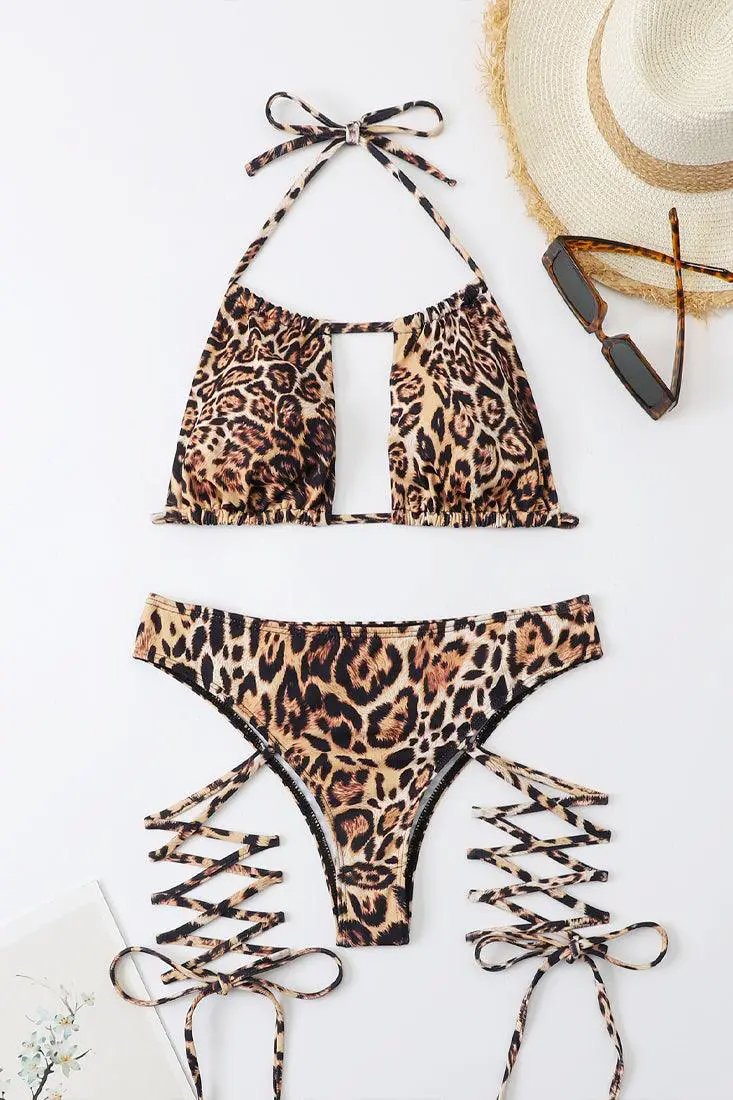 Sexy Leopard Lace Up Square Halter 2 Pc Swimsuit