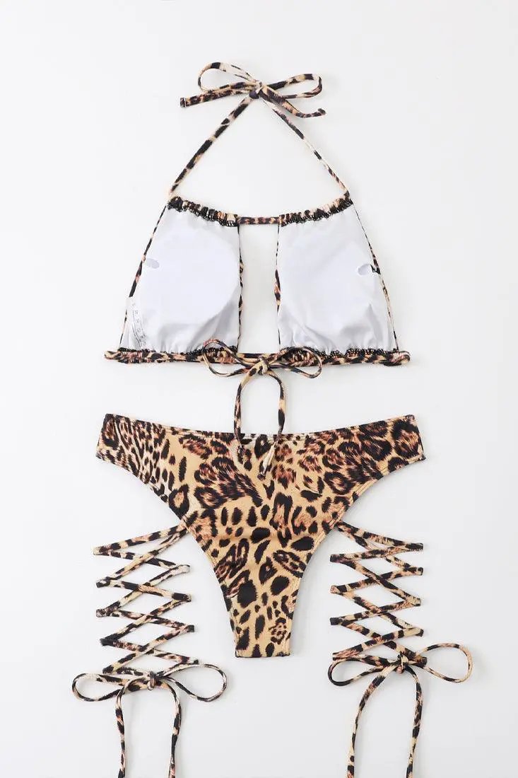 Sexy Leopard Lace Up Square Halter 2 Pc Swimsuit