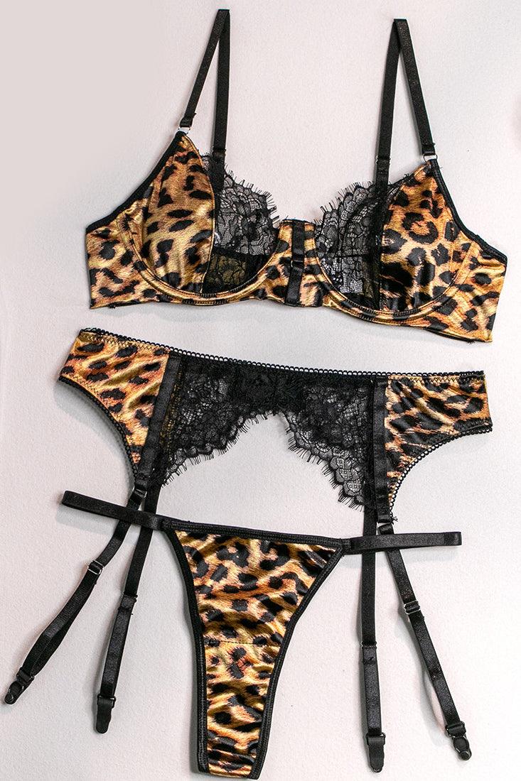 Sexy Leopard Lingerie Set With Black Lace And Garter Strap AMIClubwear Sexy Leopard Lingerie Set With Black Lace And Garter Strap AMIClubwear