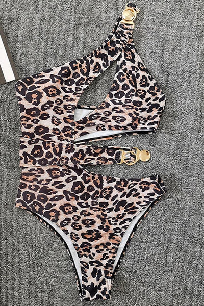 Sexy Leopard Print Asymmetric One Shoulder Monokini - AMIClubwear