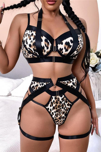 Sexy Leopard Print Strappy Exotic Lingerie 5 Pc Set - AMIClubwear