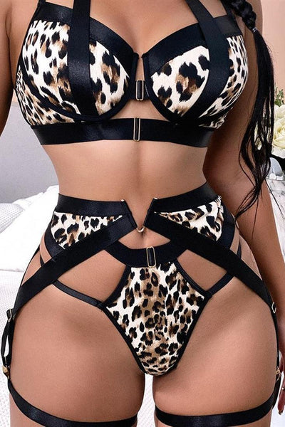 Sexy Leopard Print Strappy Exotic Lingerie 5 Pc Set - AMIClubwear