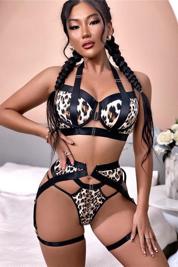 Sexy Leopard Print Strappy Exotic Lingerie 5 Pc Set - AMIClubwear