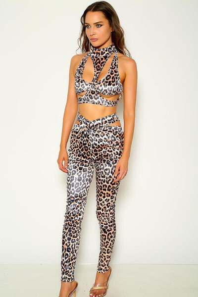 Sexy Leopard Print Velvet Crop Top & Leggings 2 Pc Outfit - AMIClubwear