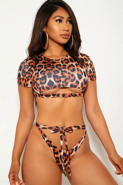 Sexy Leopard Strappy Short Sleeves Crop Top Two Piece Swimsuit - AMIClubwear