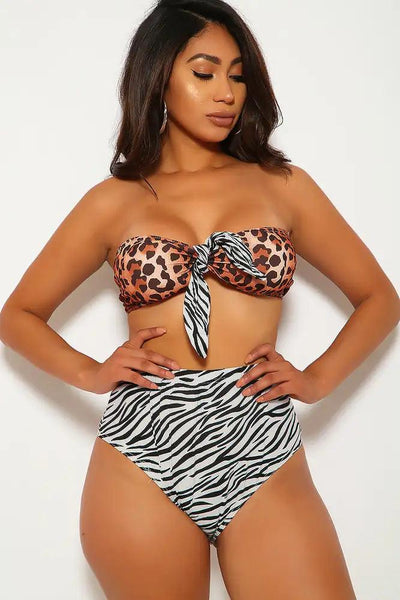 Sexy Leopard Zebra Print Bandeau High Waist Two Piece Swimsuit - AMIClubwear
