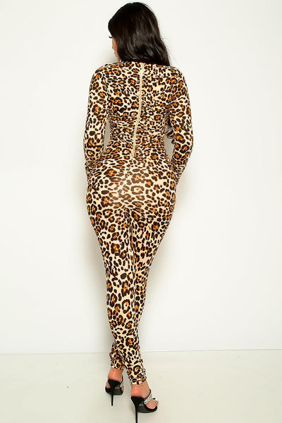 Sexy Leopard Zip Up Long Sleeve Jumpsuit - AMIClubwear