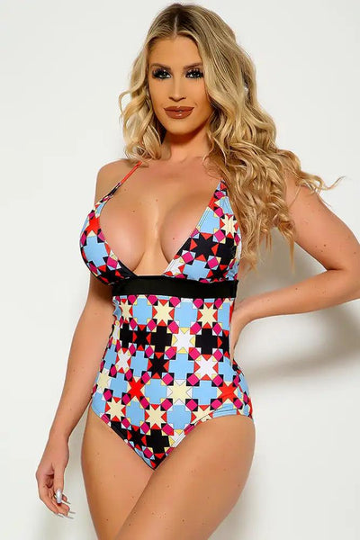 Sexy Light Blue Black Geometric Print Padded One Piece Swimsuit - AMIClubwear