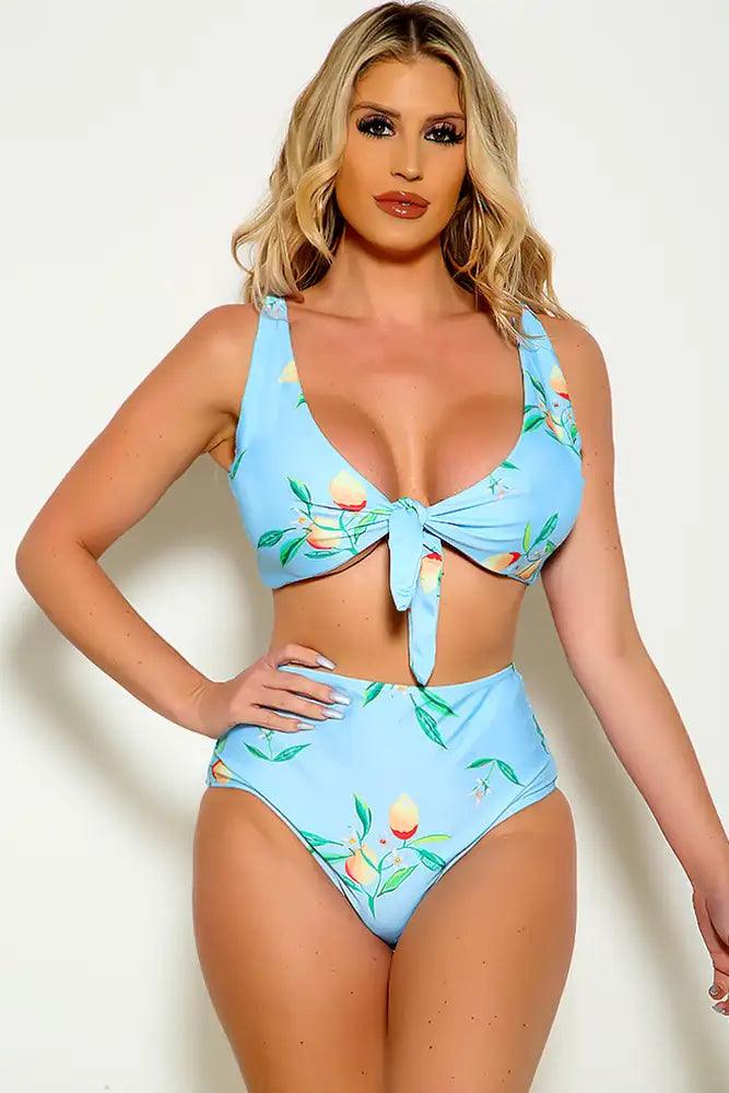 Sexy Light Blue Floral Bandeau High Waist Two Piece Swimsuit - AMIClubwear