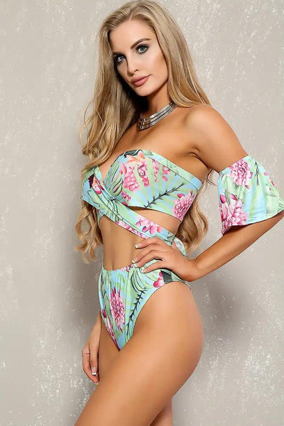Sexy Light Blue Floral Print Two Piece Swimsuit Set - AMIClubwear