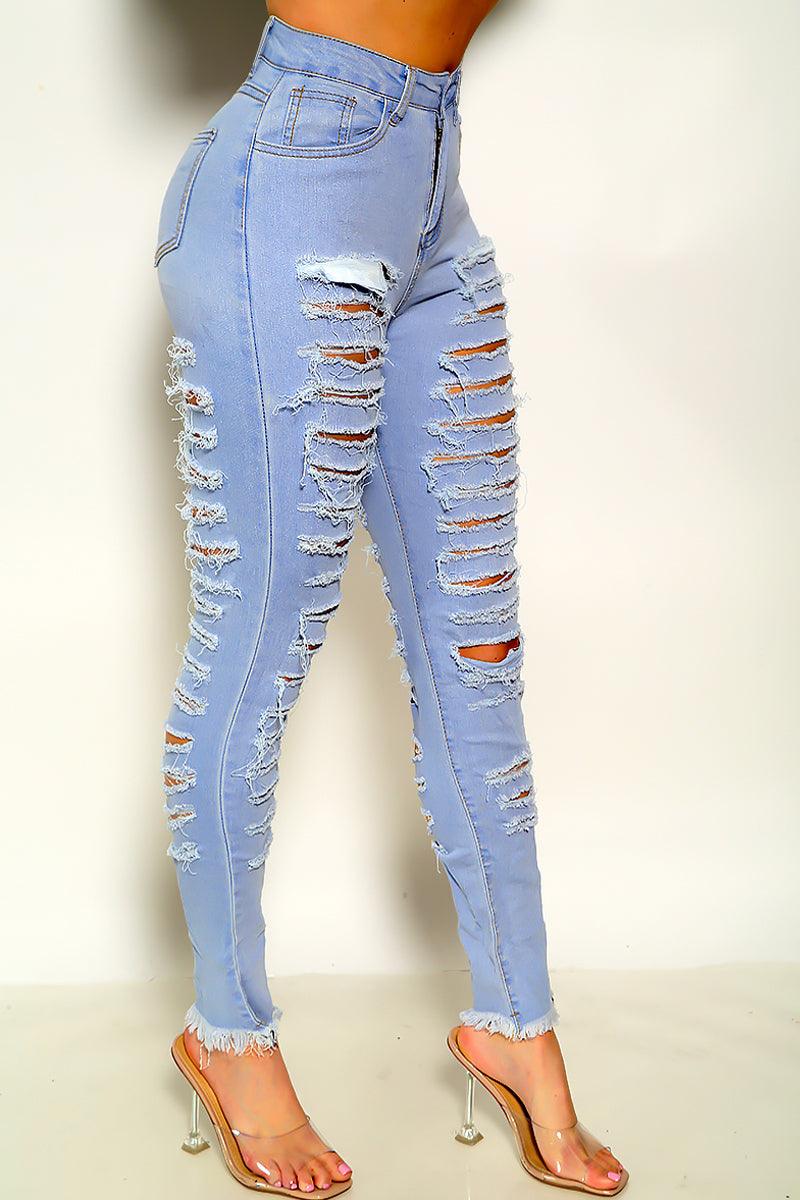 Sexy Light Blue Front Back Distressed Jeans - AMIClubwear