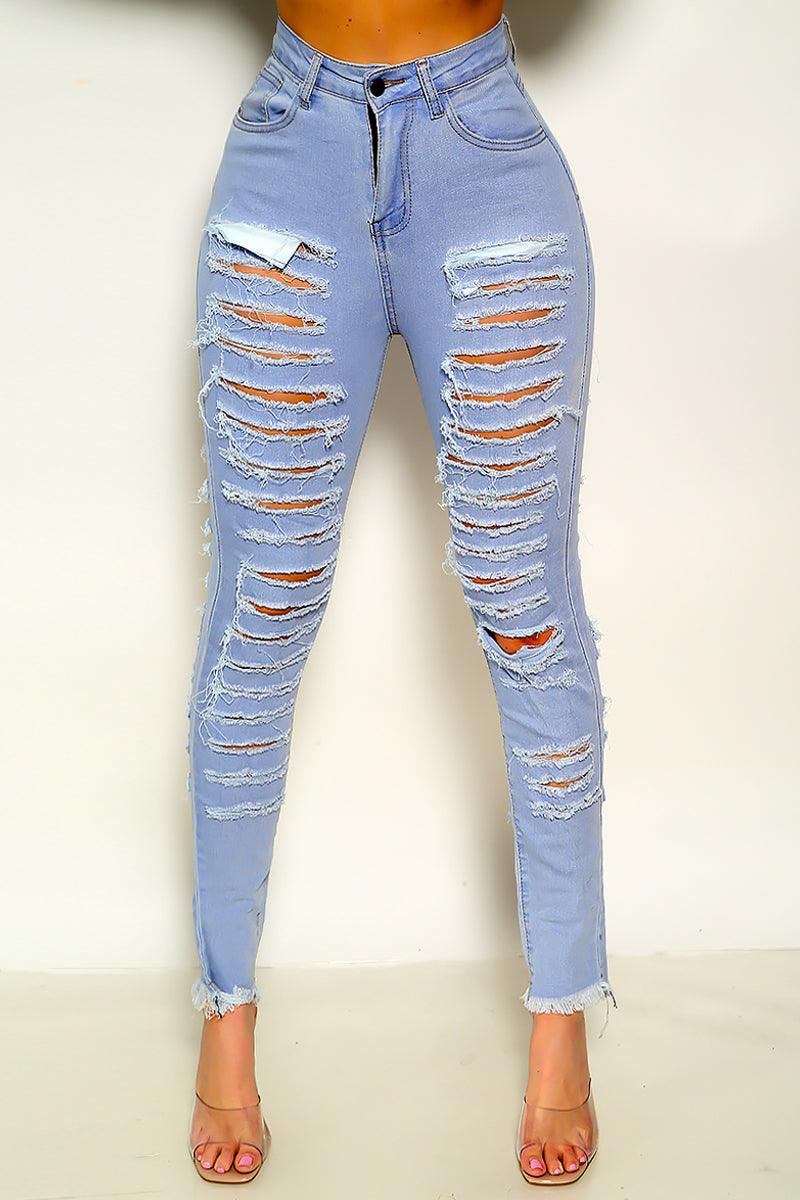 Sexy Light Blue Front Back Distressed Jeans - AMIClubwear