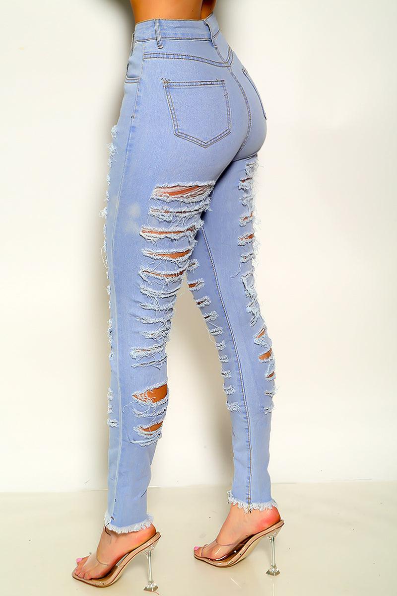 Sexy Light Blue Front Back Distressed Jeans - AMIClubwear