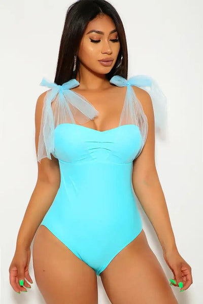 Sexy Light Blue Mesh Padded One Piece Swimsuit - AMIClubwear