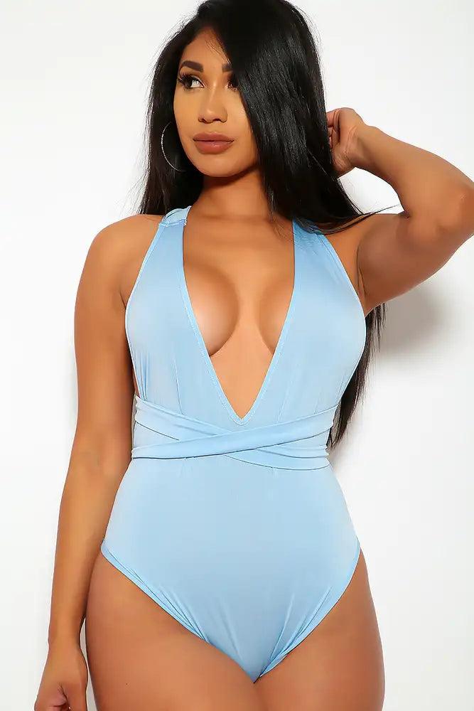 Sexy Light Blue Plunging Wrap Around  One Piece Swimsuit - AMIClubwear